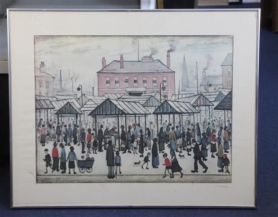 §Laurence Stephen Lowry (1887-1976) Market scene in a northern town overall 23.75 x 29.5in.